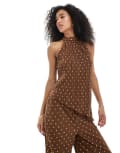 [Vero Moda] Vero Moda plisse high neck asymmetric hem top in chocolate and gold spot (part of a set)-Brown XL Chocolate foil spot