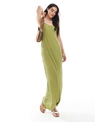 Vero Moda plisse jersey maxi dress with asymmetric hem in olive green - view 1