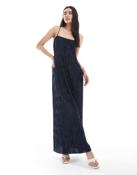 Vero Moda - Plissé maxi cami jurk met textuur in marineblauw - view 1