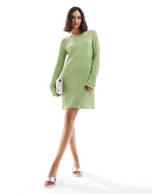 plisse mini dress with fluted sleeve in mid green