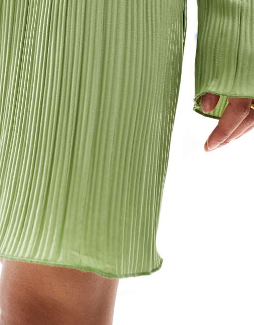 Vero Moda plisse mini dress with fluted sleeve in mid green | ASOS