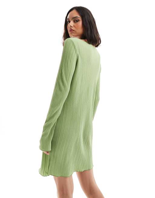 Vero Moda plisse mini dress with fluted sleeve in mid green | ASOS