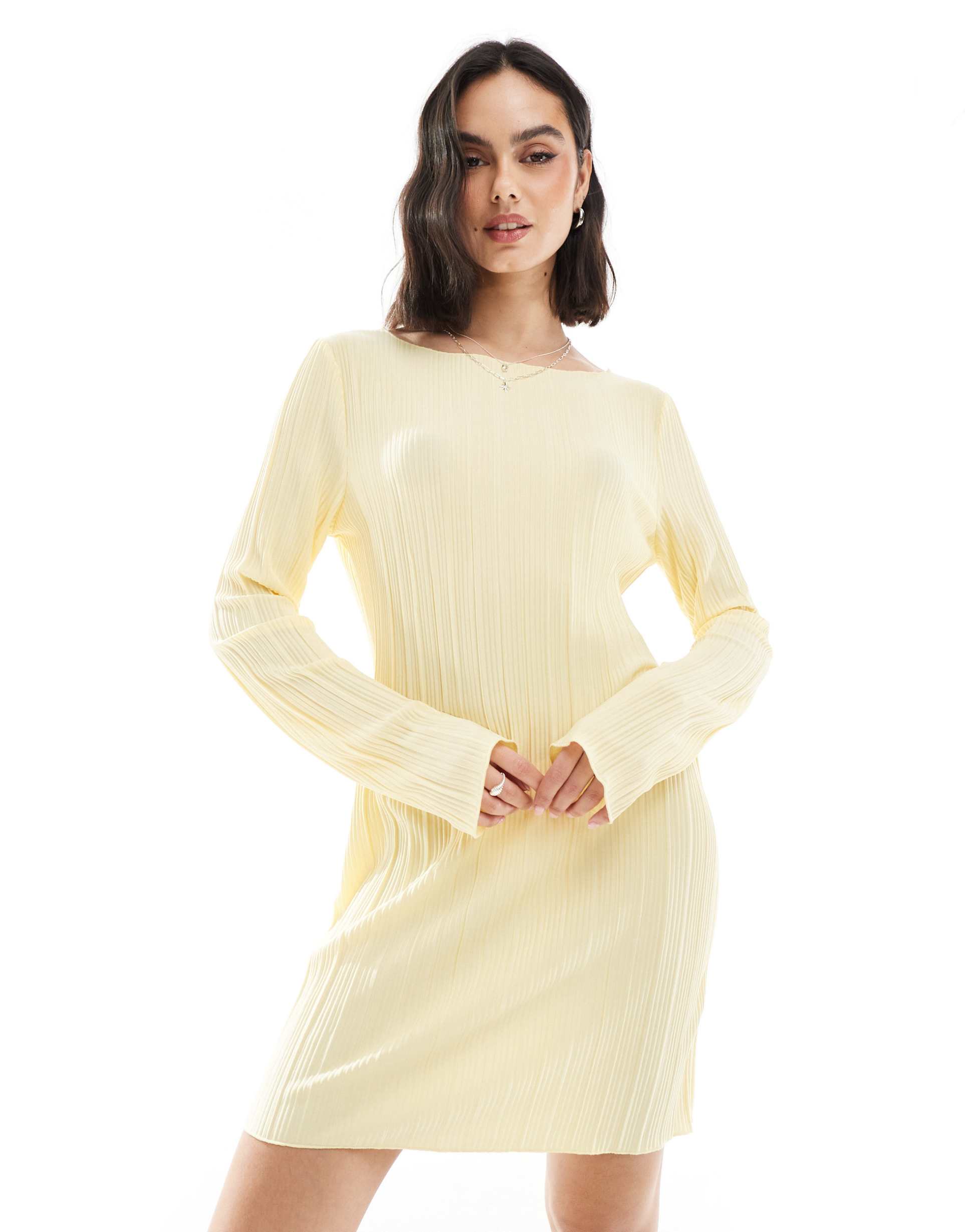 vero moda plisse mini dress with fluted sleeves in pale banana
