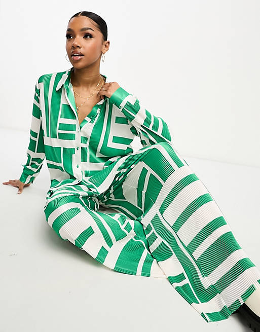 Vero Moda plisse printed shirt in green and white - part of a set | ASOS