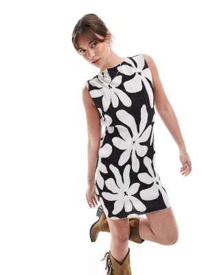 plisse sleeveless mini dress in black and white floral print