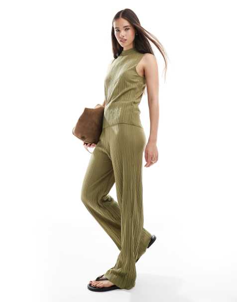 Vero Moda plisse sleeveless top and trousers set in khaki - view 1