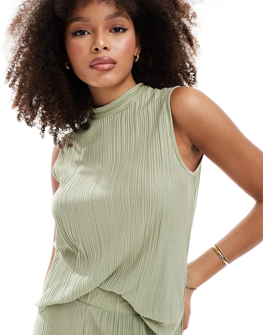 plisse sleeveless top in pistachio - part of a set-Green