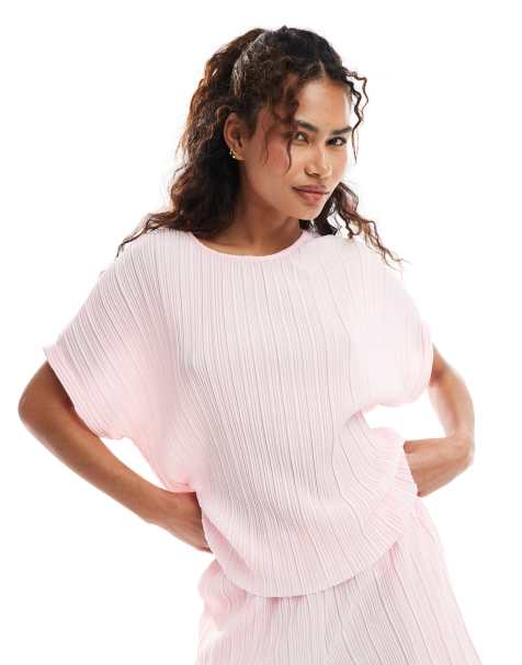 Vero Moda plisse t-shirt co-ord in pink - view 1