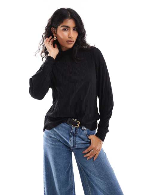 Vero Moda - Plissé top met lange mouwen in zwart