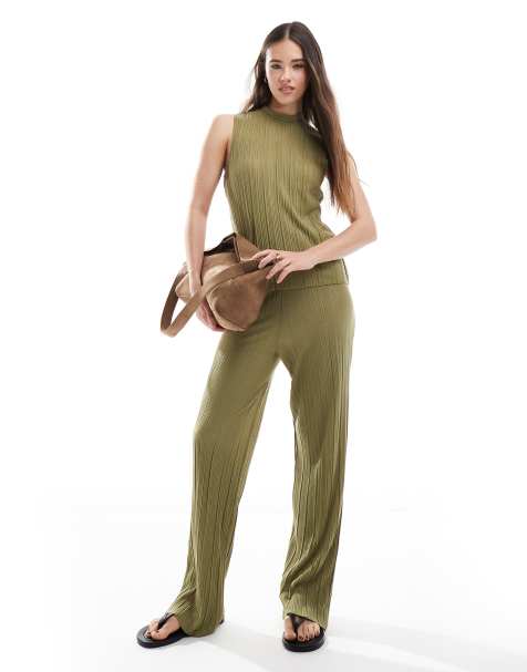 Vero Moda plisse trouser co-ord in khaki
