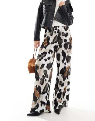 Vero Moda Plisse Wide Leg Pants In Abstract Animal Print-multi