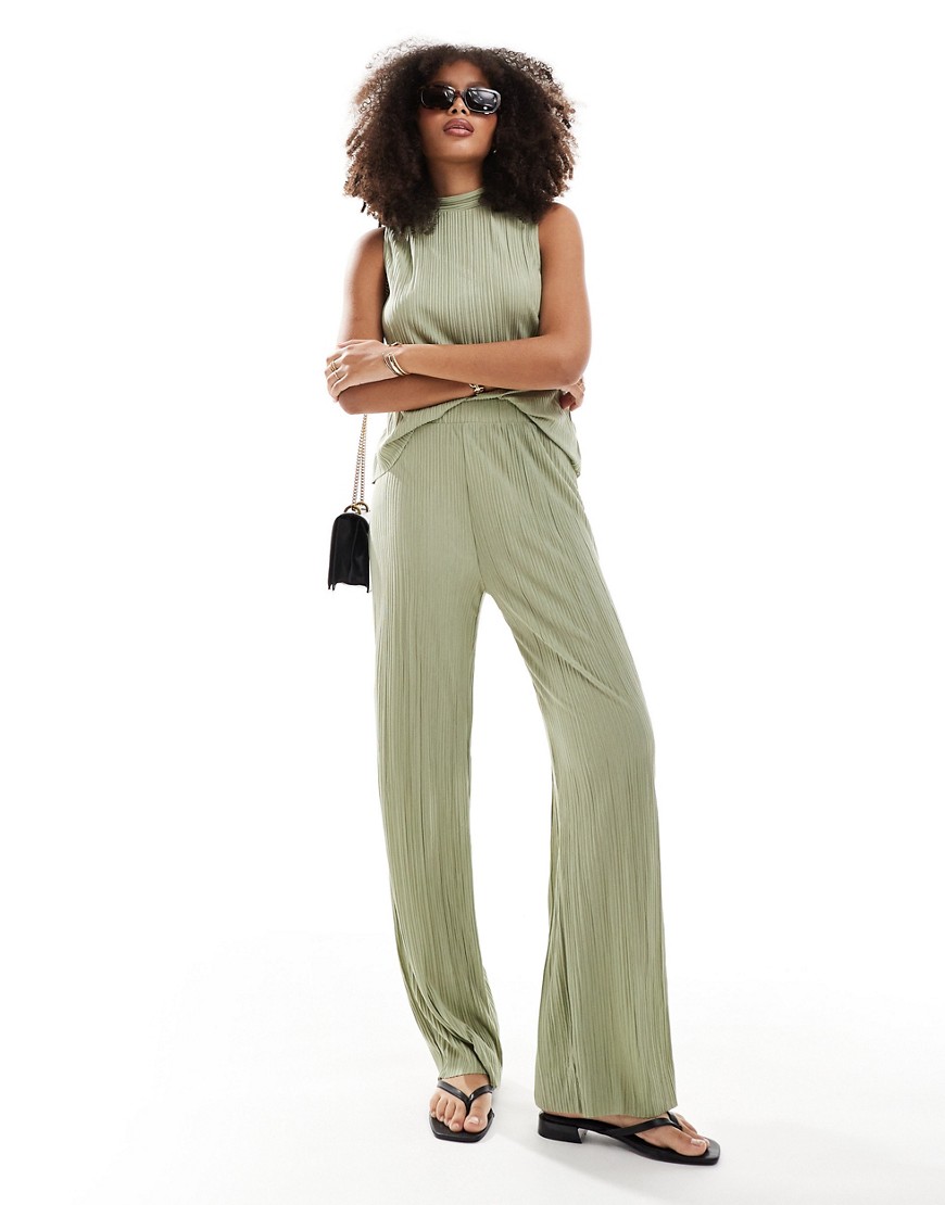 Vero Moda plisse wide leg trouser co-ord in khaki-Green