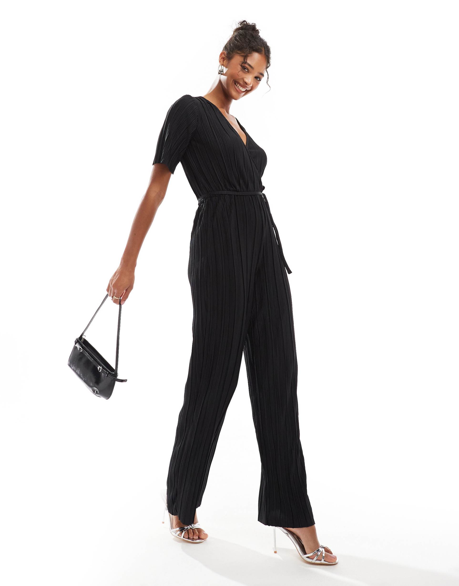 vero moda plisse wrap front jumpsuit in black