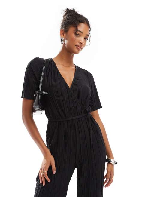 Vero Moda plisse wrap front jumpsuit in black ASOS