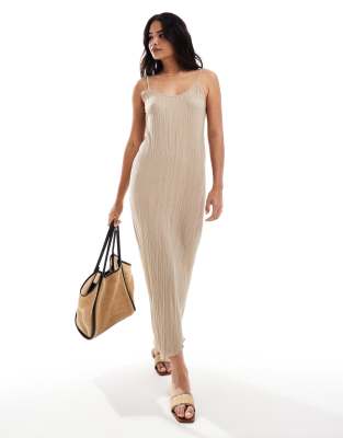 Vero Moda - Plissiertes Jersey-Maxikleid mit asymmetrischem Saum in Beige-Neutral