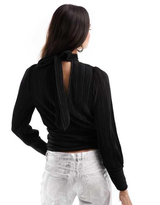 Vero Moda – Plissiertes langärmliges Oberteil in Schwarz mit Bindedetail hinten , 4 von 4