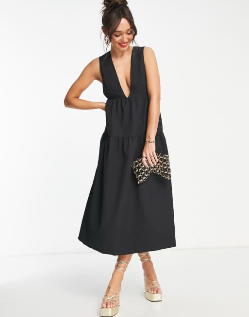 Vero Moda plunge back pinafore midi dress in black ASOS