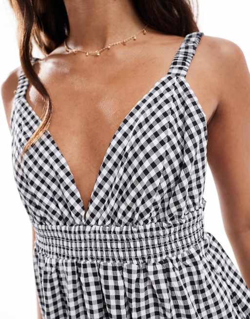 Vero Moda plunge front cami maxi dress in black gingham print, 2 of 4