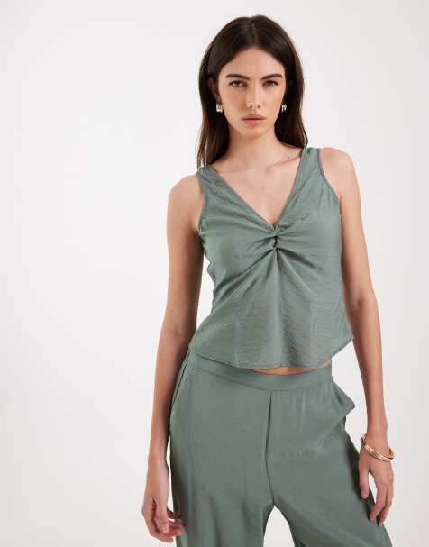 Vero Moda plunge front ruched detail sleeveless top in laurel green - part of a set - view 1