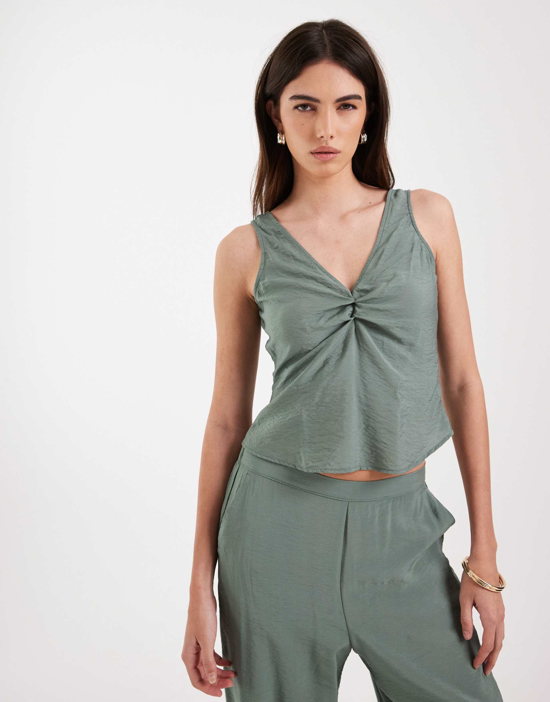vero moda plunge front ruched detail sleeveless top in laurel green - part of a set