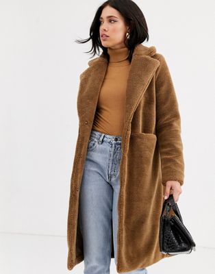 Vero Moda pocket detail longline teddy jacket in brown | ASOS