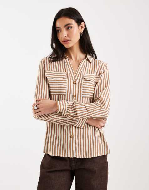 Vero Moda pocket front shirt in tan and cream stripe - view 1