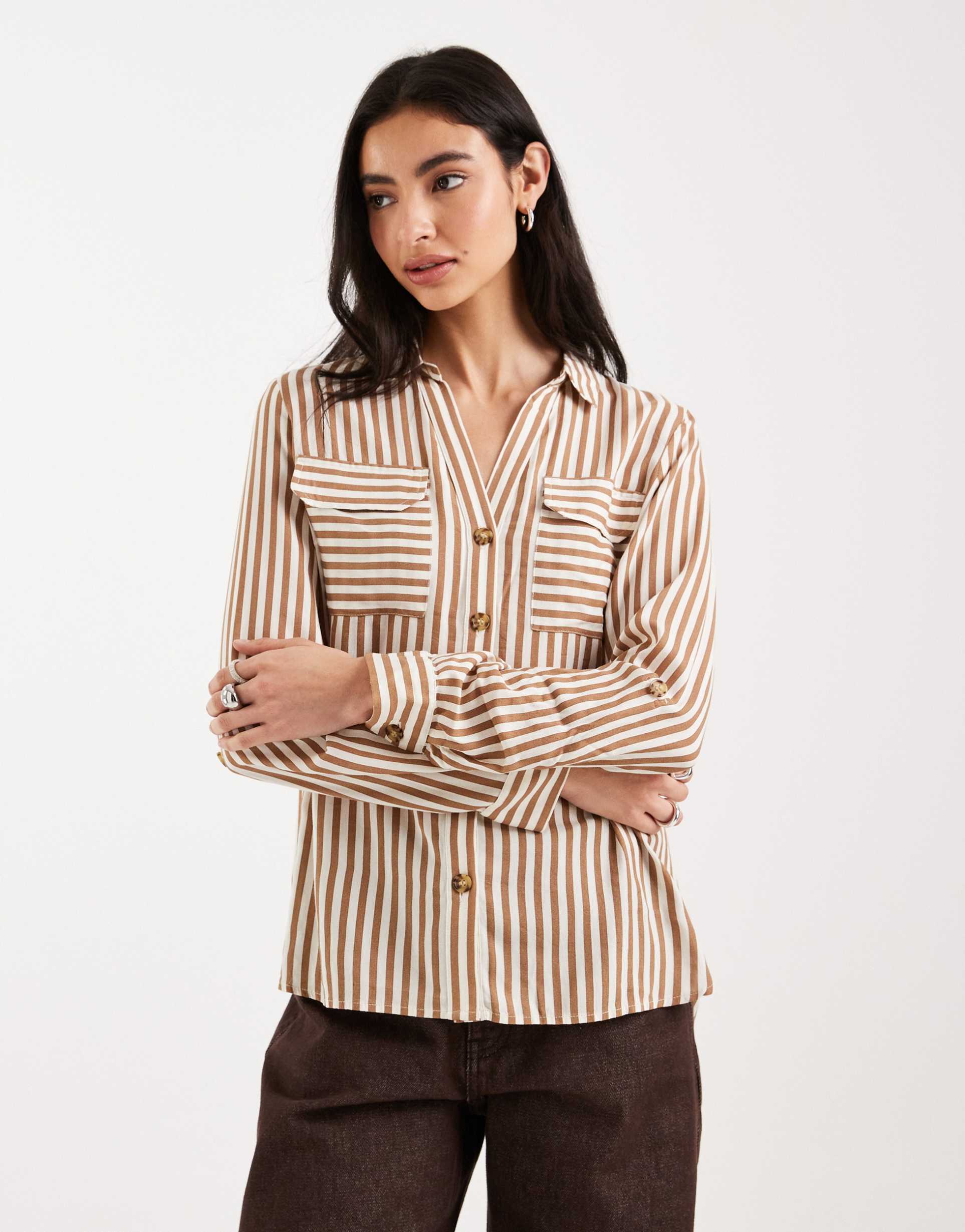 vero moda pocket front shirt in tan and cream stripes