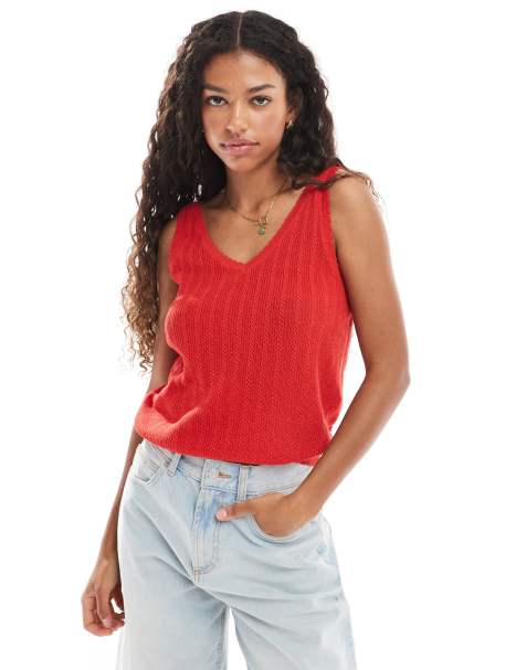 Vero Moda pointelle knitted singlet with scallop edge in fiery red - view 1