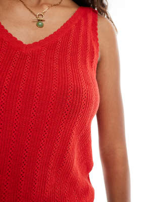 Vero Moda Pointelle Knitted Tank Top With Scallop Edge In Red
