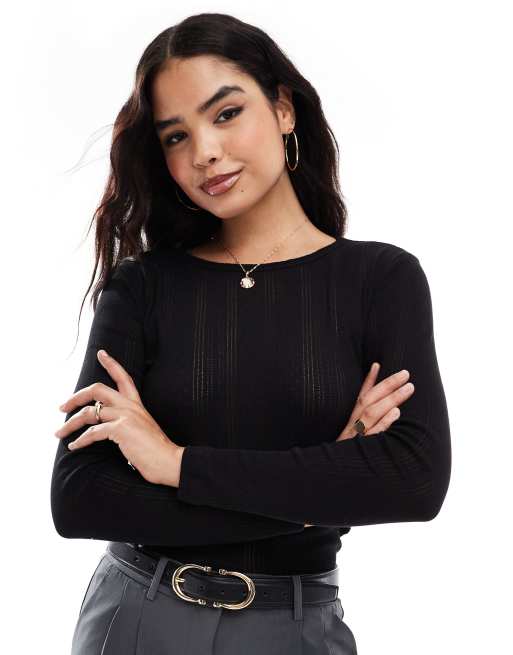 Vero Moda pointelle long sleeve top in black, 2 of 4