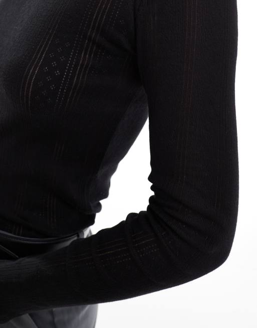 Vero Moda pointelle long sleeve top in black, 4 of 4