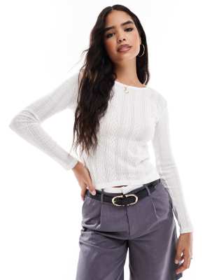 pointelle long sleeve top in white