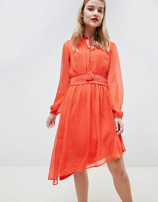 Vero Moda polka dot asymmetric prarie dress in orange