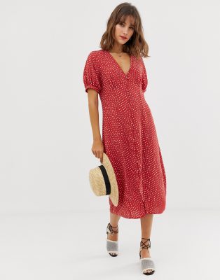 Vero Moda polka dot midi dress with volume sleeve-Red