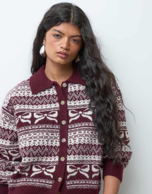 Vero Moda polo collar fairisle cardigan in burgundy and cream , 2 of 5