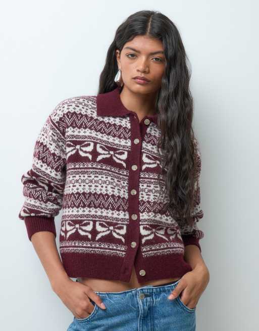 Vero Moda polo collar fairisle cardigan in burgundy and cream , 3 of 5