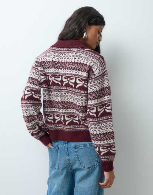 Vero Moda polo collar fairisle cardigan in burgundy and cream , 5 of 5