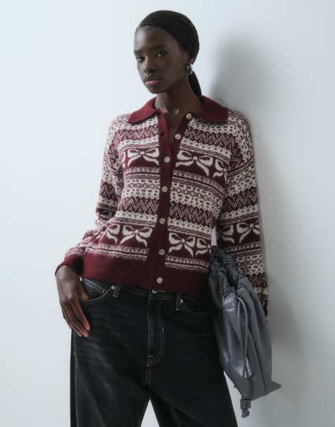 Vero Moda polo collar fairisle cardigan in burgundy - view 1