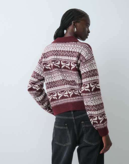 Vero Moda polo collar fairisle cardigan in burgundy, 2 of 5