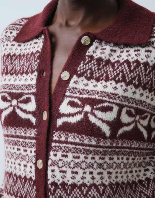 Vero Moda polo collar fairisle cardigan in burgundy, 3 of 5