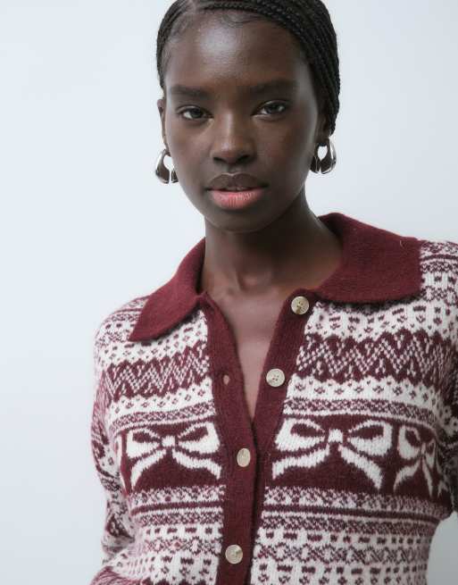 Vero Moda polo collar fairisle cardigan in burgundy, 4 of 5
