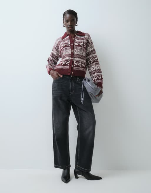 Vero Moda polo collar fairisle cardigan in burgundy, 5 of 5