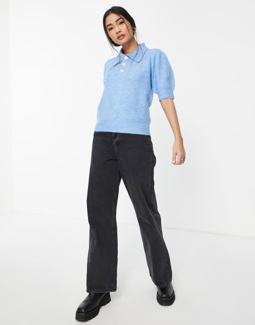 Vero Moda - Polo en maille avec manches bouffantes et boutons décoratifs - Bleu, 4 de 4