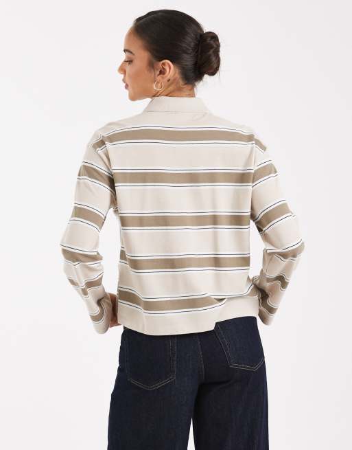 Vero Moda - Polo stile rugby a righe color avena e kaki, 3 di 4