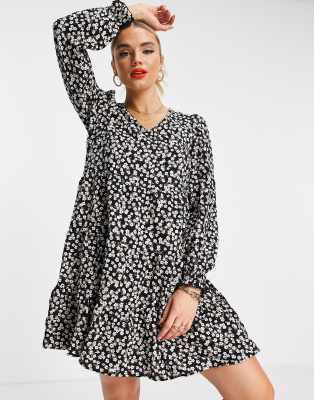 Vero Moda polyester mini smock dress in black & white floral - MULTI | ASOS