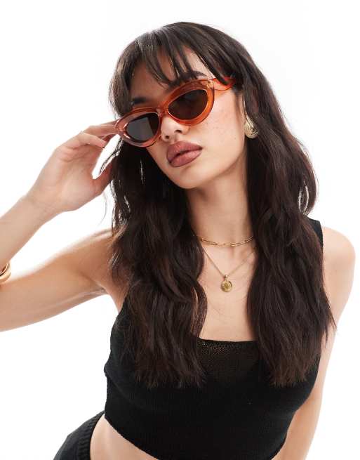 Vero Moda – Pomarańczowe okulary przeciwsłoneczne typu kocie oczy w szerokich oprawkach