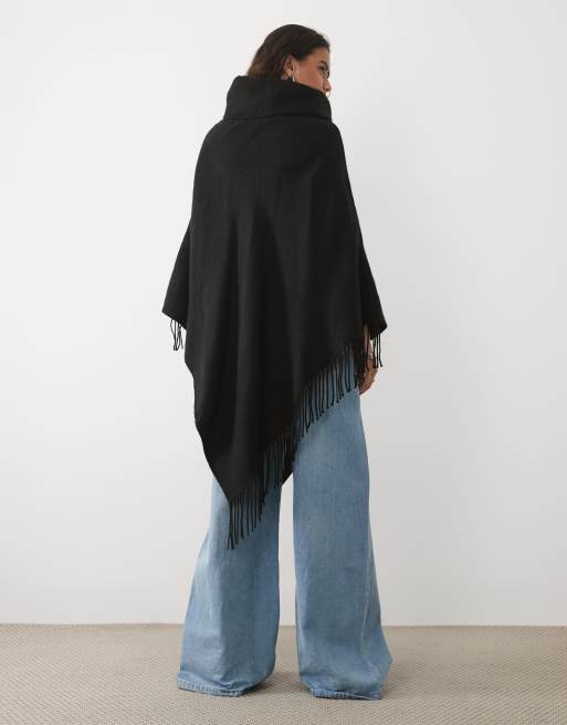 Vero Moda poncho en maille à col roulé avec détail franges noir, 2 de 3