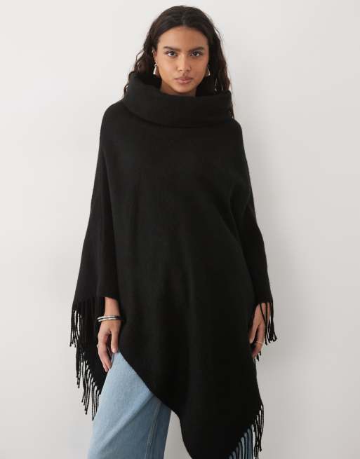 Vero Moda poncho in maglia con collo alto e dettaglio frange nero, 3 di 3