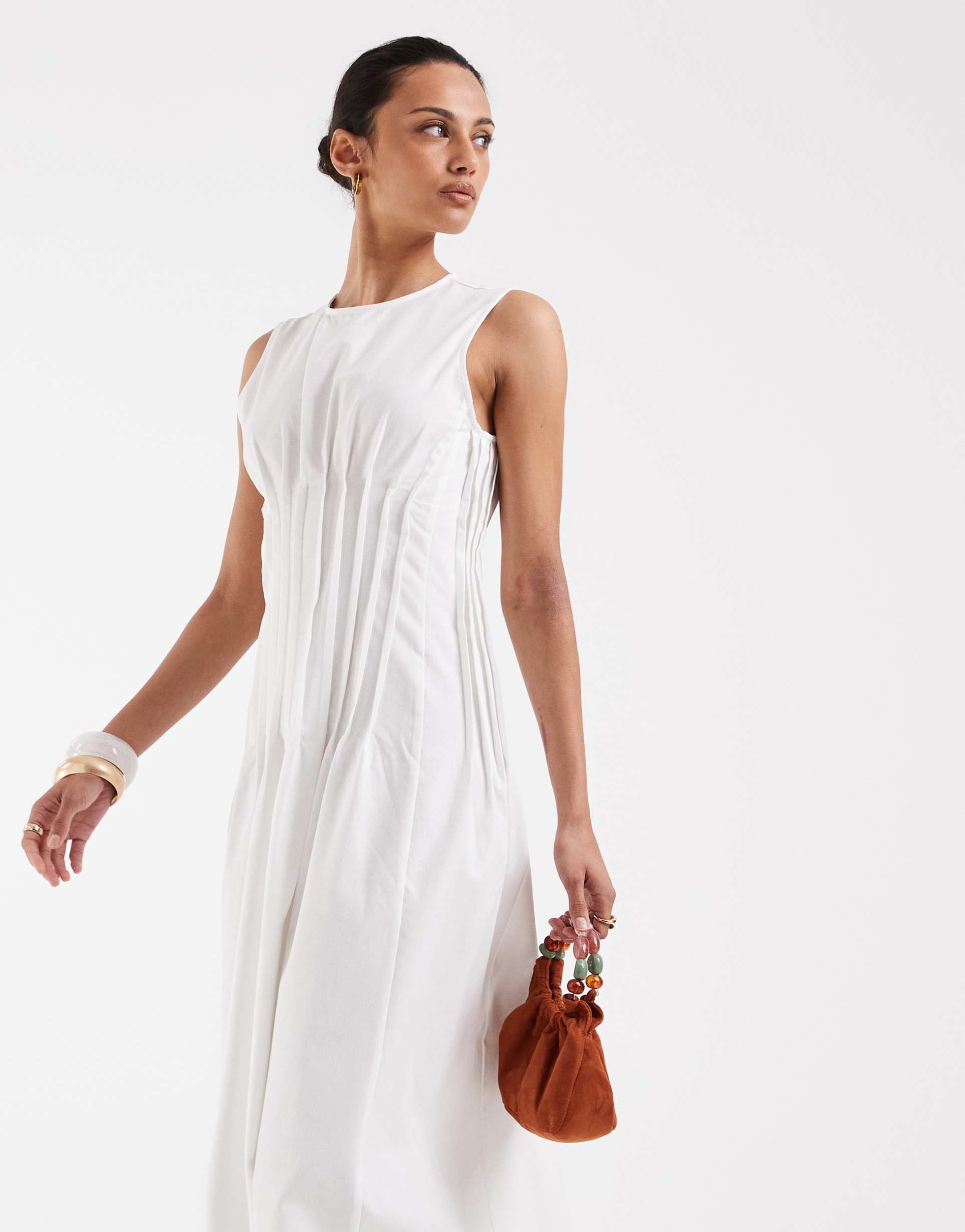 vero moda poplin pleated waist sleeveless midi dress in white