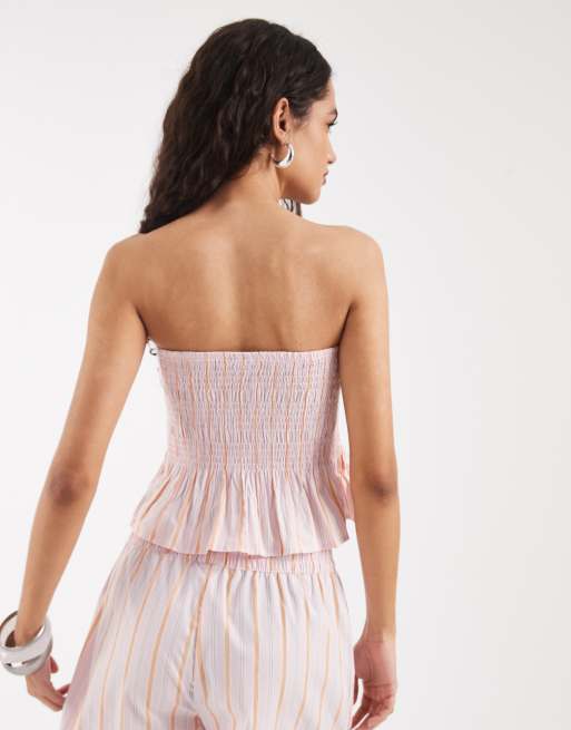 Vero Moda poplin shirred peplum hem bandeau top co-ord in pink and orange stripe, 4 of 4
